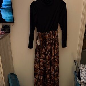 Elegant Black and Brown Floral Long Sleeve Dress